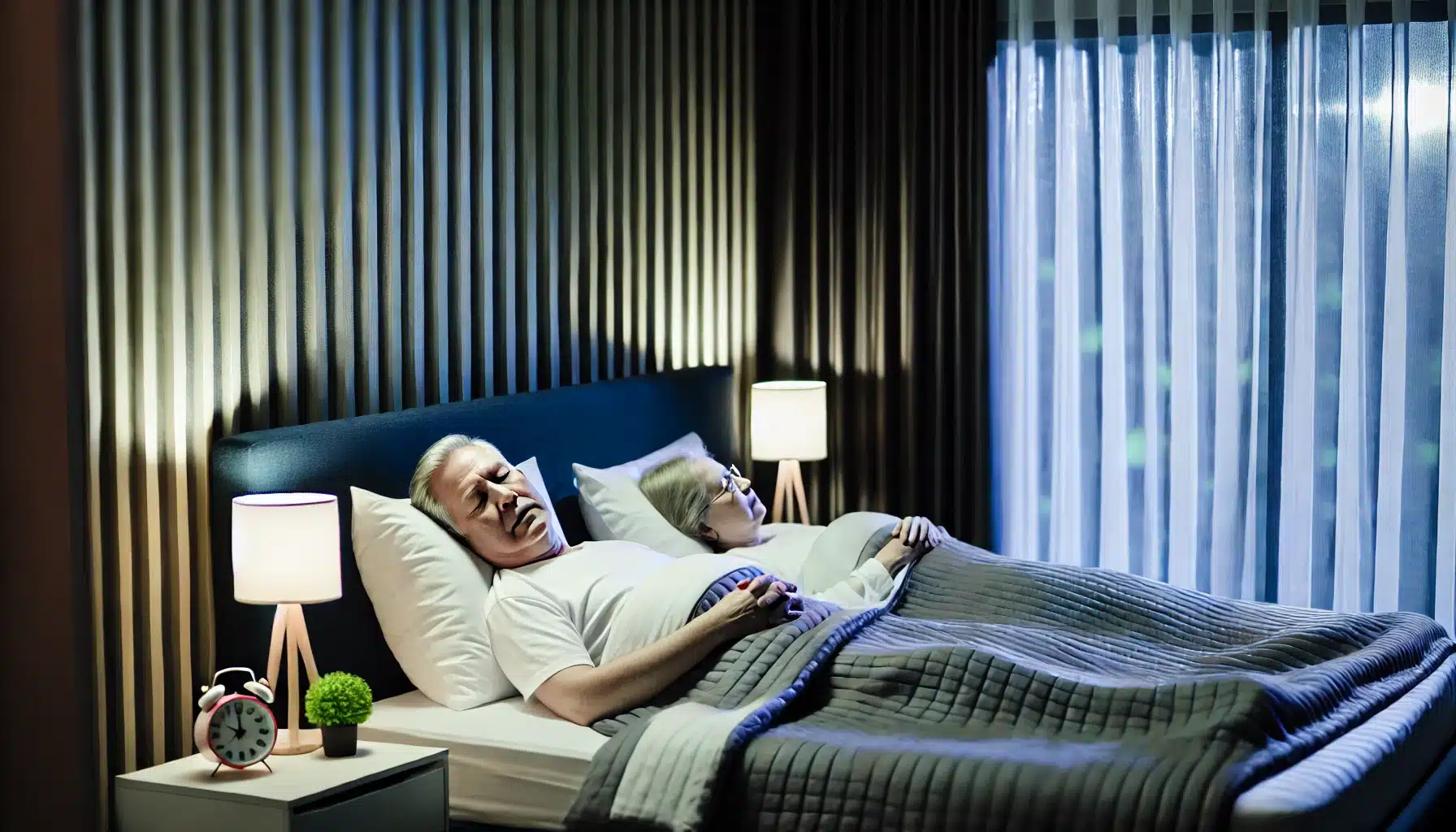 An elderly couple sleeping peacefully in a cozy, well organized bedroom. The room is dark with opaque curtains blocking any outside light