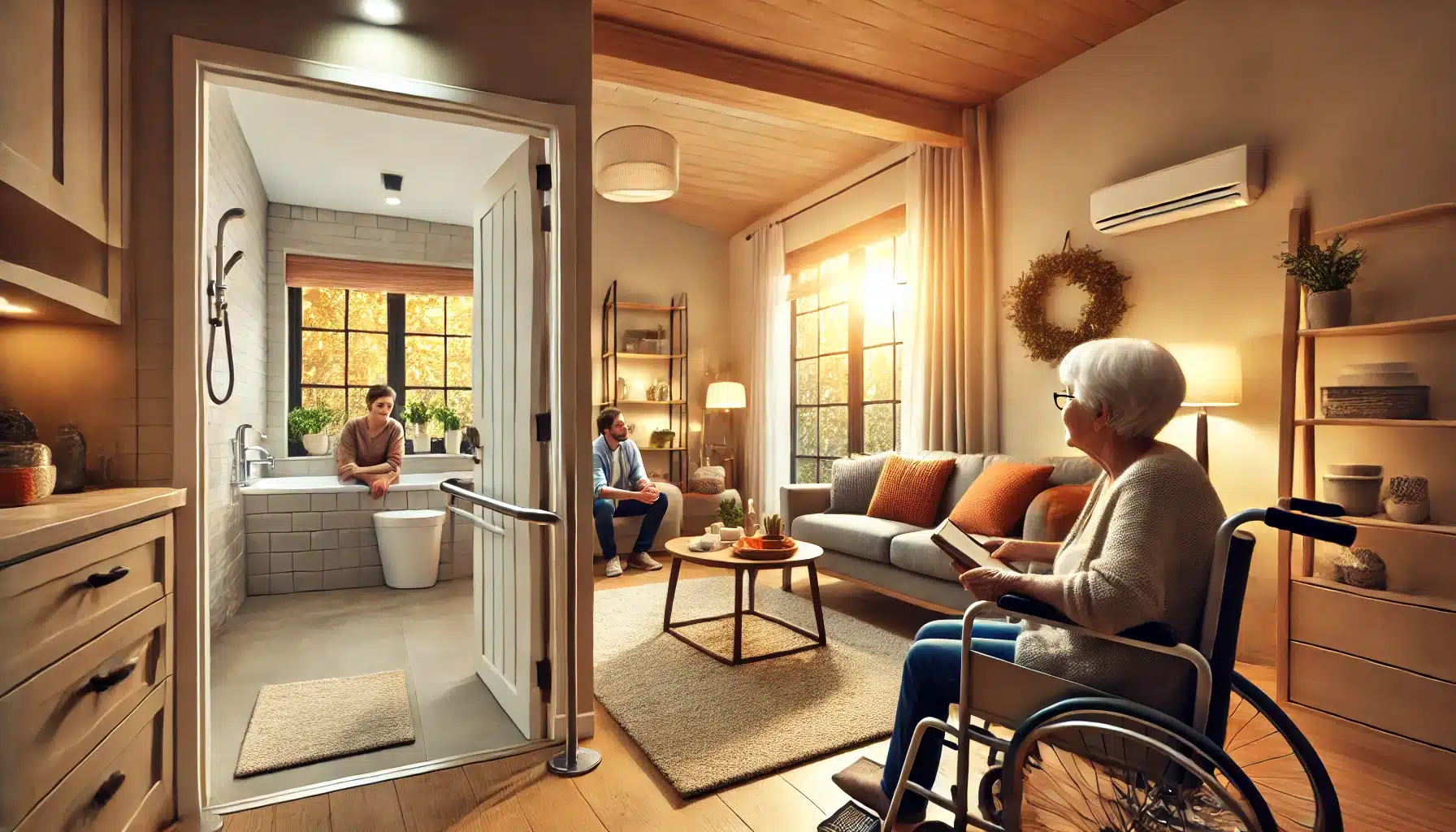 Un environnement de vie chaleureux et bien éclairé, adapté aux besoins des seniors avec des modifications de sécurité visibles