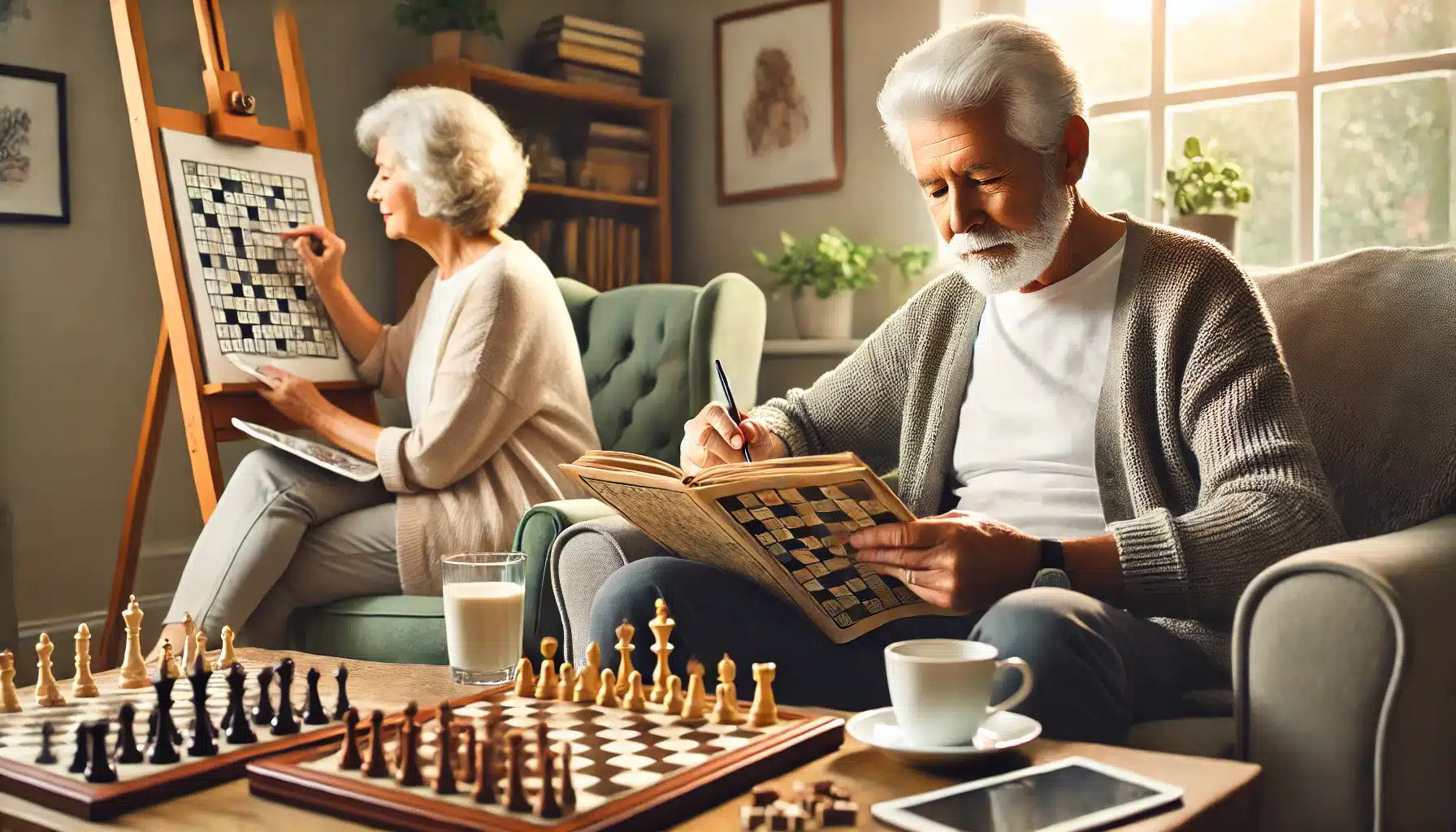 Un homme et une femme âgés engagés dans diverses activités intellectuellement stimulantes dans un salon confortable