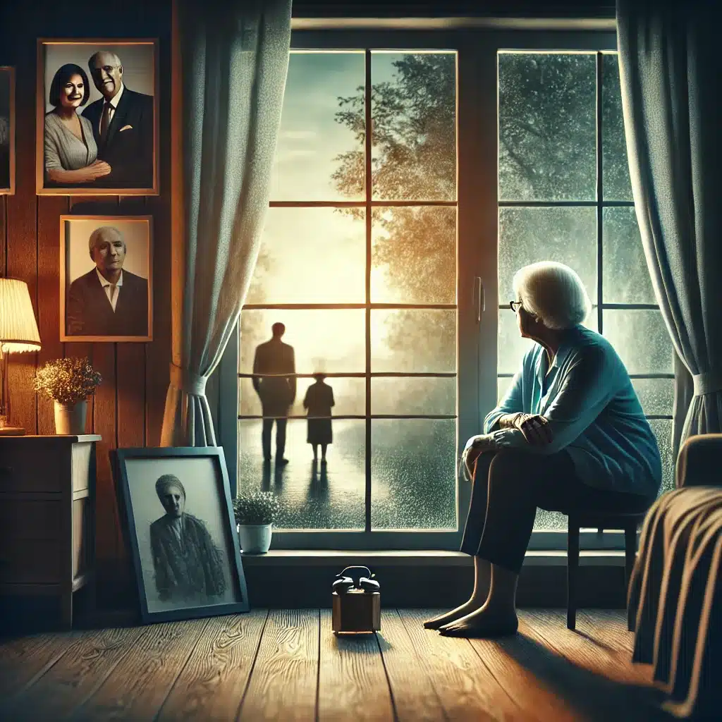 Une femme âgée assise seule dans son salon, regardant tristement par la fenêtre
