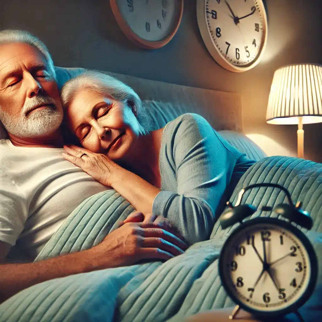 couple âgé dormant paisiblement dans une chambre confortable, mettant en évidence la tranquillité et le bien être