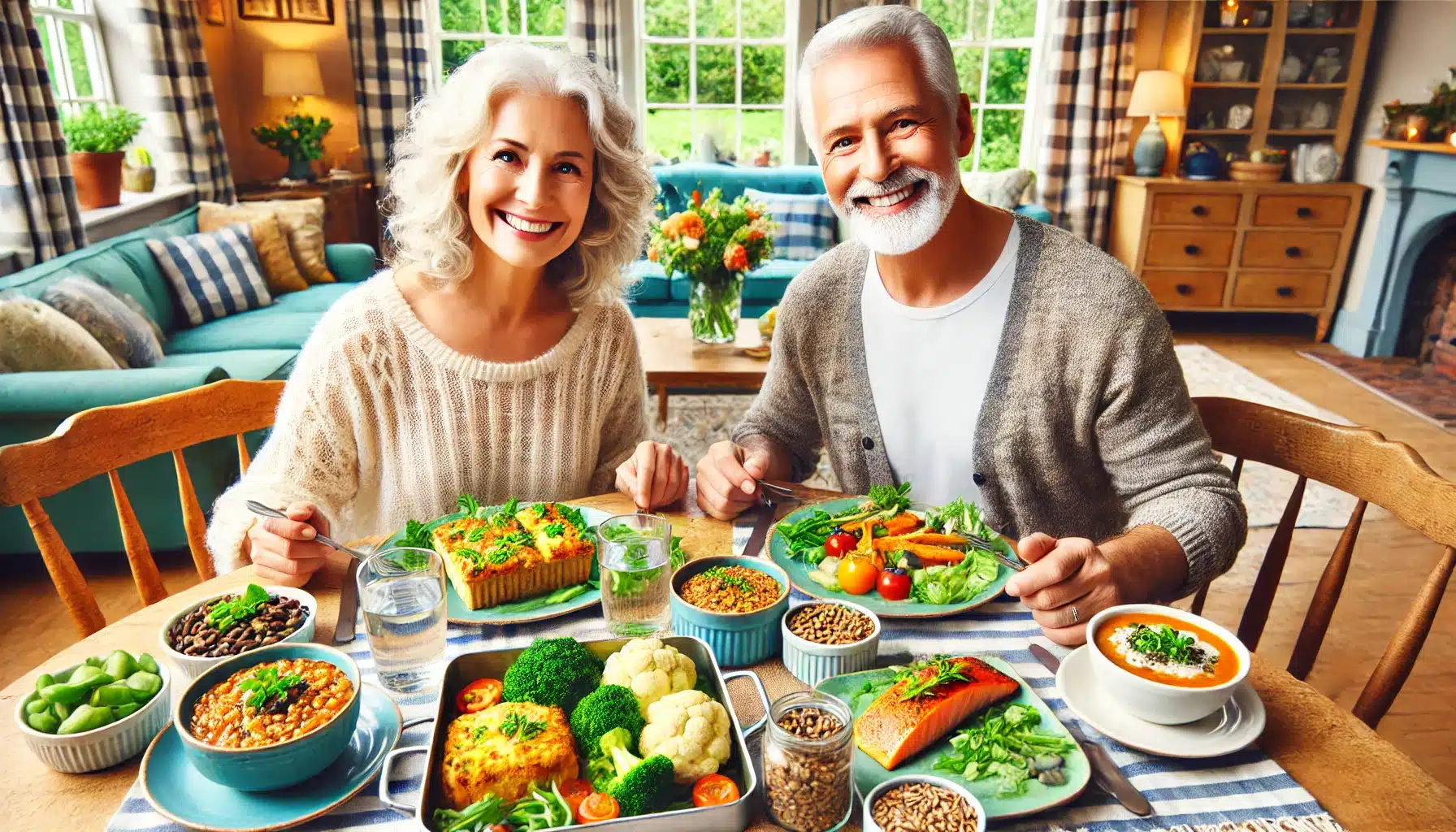 couple de seniors heureux profitant d'un repas nutritif et coloré
