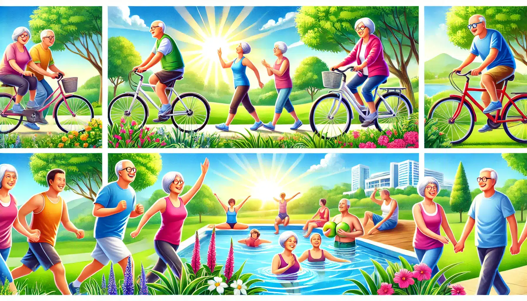 seniors engagés dans diverses activités physiques dans un magnifique parc extérieur