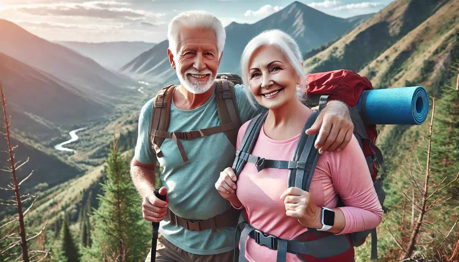 un couple de seniors actifs en pleine randonnée