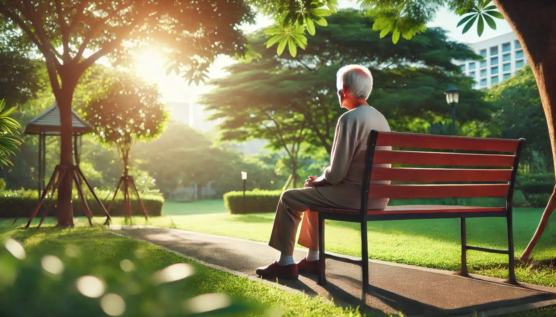 personne âgée assise seule sur un banc de parc, l'air pensif et serein